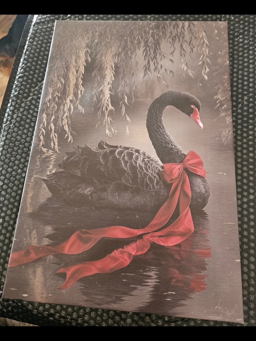 Black Swan Canvas Art with Red Ribbon